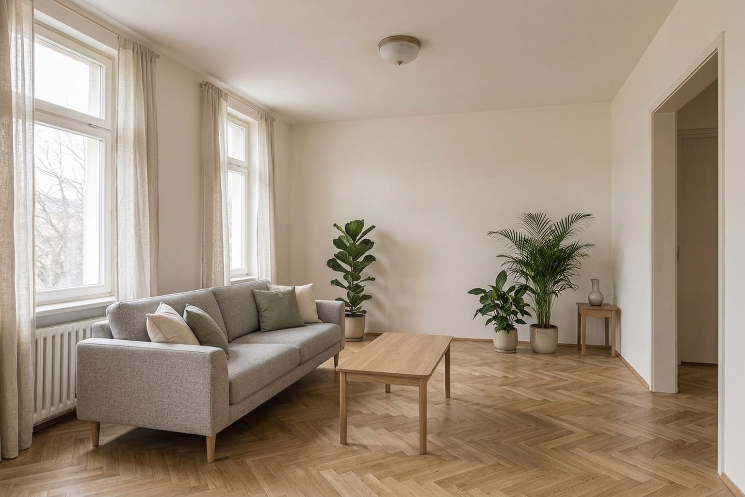 Woonkamer na virtuele modernisering, zelfde muren en ramen